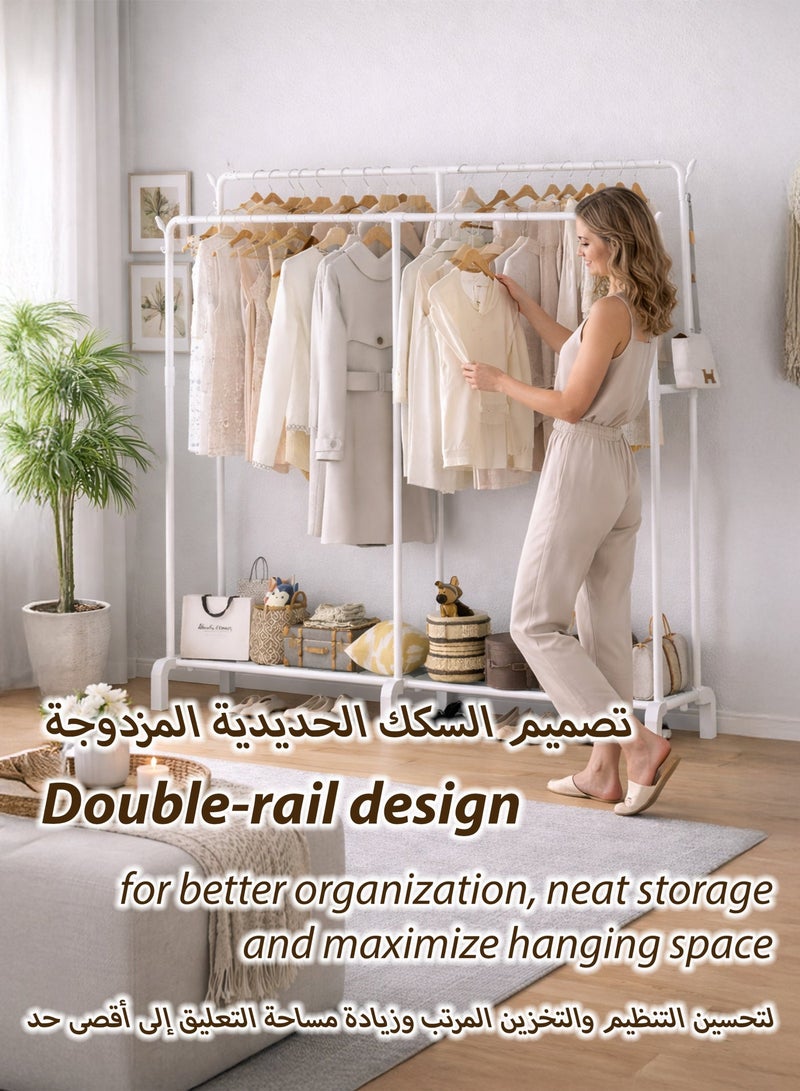 توشيونيكس رف ملابس مزدوج القضبان شديد التحمل، رف تجفيف ملابس مزدوج الطبقات، منظم ملابس، خزانة مفتوحة مع قضبان تعليق من طبقتين ورف تخزين سفلي، أنابيب فولاذية قوية 19 مم، سعة تحميل كبيرة 70 كجم، يتميز بقضيبين أفقيين لتعليق الملابس، مناسب لغرفة الغسيل، الشرفة، غرفة النوم، الشراشف، الألحفة، البطانيات، المعاطف، التنانير، القمصان، القبعات، حامل سترات بطول 181 سم، أسود - Image 2